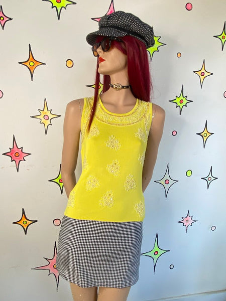 90s Y2K Canary Yellow Beaded Tank Blouse Pierri Slinky Pop Grunge S/M