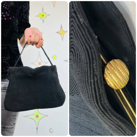 Vintage 1940s Black Kisslock Corde Purse | Old Hollywood Goth Glam Handbag