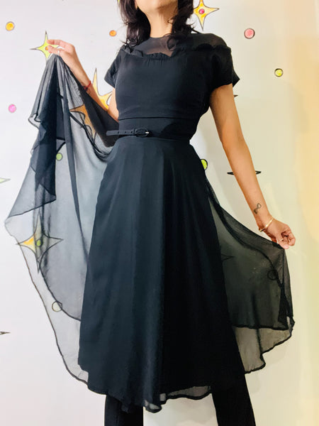 50s Fit & Flare Dress - Witchy Goth Pin-Up - Sheer Neckline - Black Cocktail - S