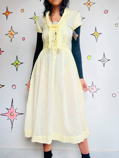 Vintage 1950s Pastel Yellow Fit & Flare Day Dress - Semi-Sheer - Size Small