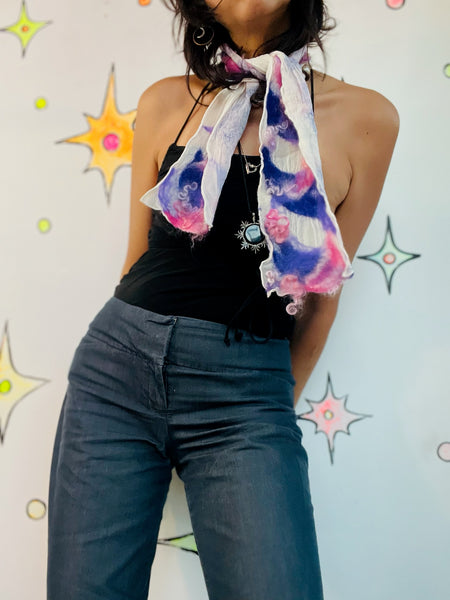 90s Nuno-Felted Abstract Art Scarf – White, Purple & Pink Fuzzy Fairy Grunge