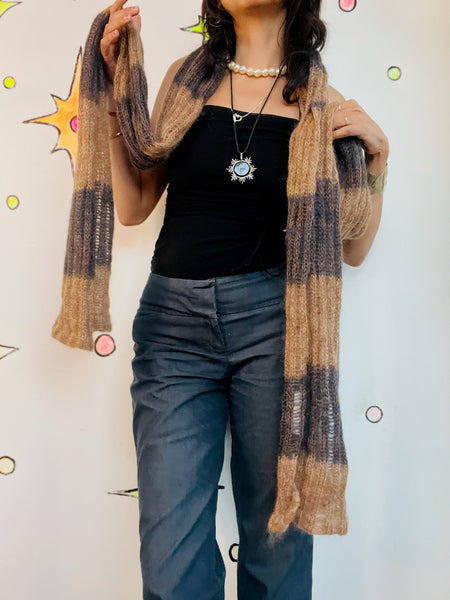 90s Brown Striped Grunge Oversized Fuzzy Mohair Scarf - Extra Long Cozy Rodarte