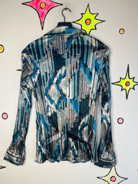 Vintage Abstract Teal Pleated Button Up | Y2K Fairy Grunge Wearable Art – M