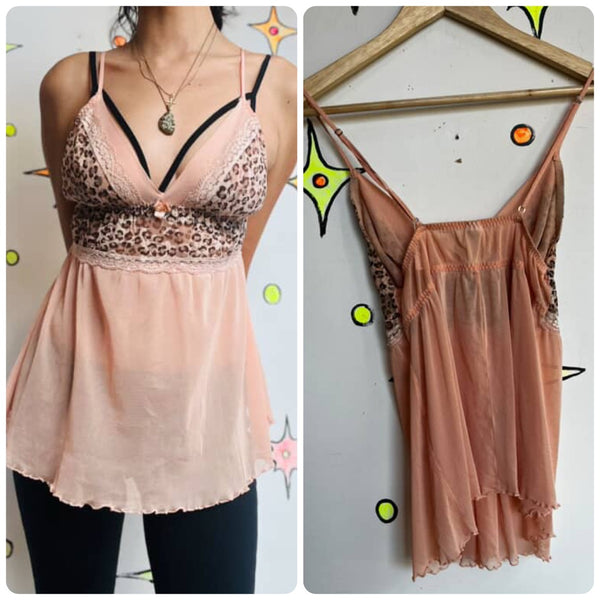 90s Y2K Pale Pink & Leopard Sheer Lace Babydoll Camisole - Grunge Coquette - M