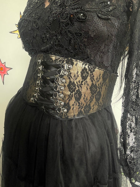 Black Gold Lace Waist Cincher Corset Belt Goth Glam Coquette Lace Up Waist Belt