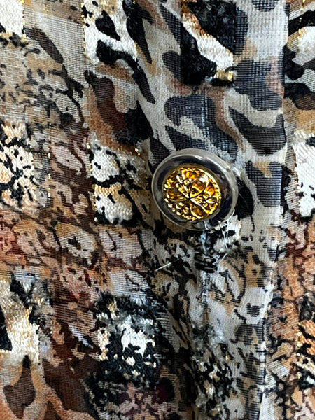 Vintage 90s Y2K Leopard Patchwork Sheer Blouse – Boho Grunge Glam Button-Up - XL