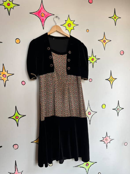 Vintage 40s Velvet Floral Print Dress | Secretary Rococo Goth, Boho Grunge | M/L