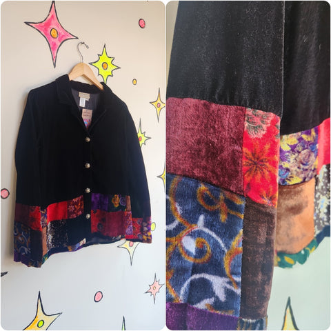 Vintage 90s | Velvet Grunge Goth Cottagecore Vintage Patchwork Jacket | Size M L