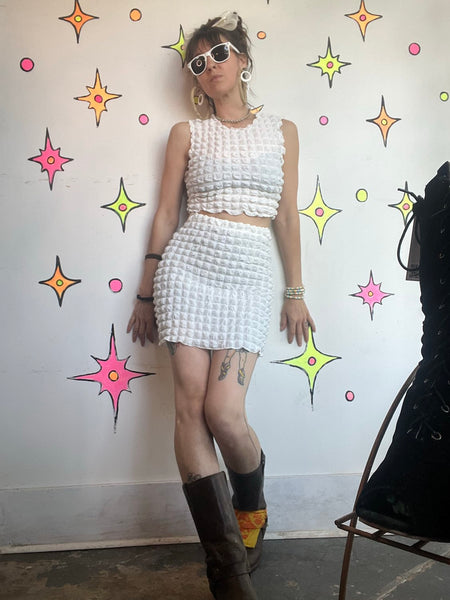 Y2K White Popcorn Two Piece Set | Stretch Mini Skirt Crop Top Coquette Resort M