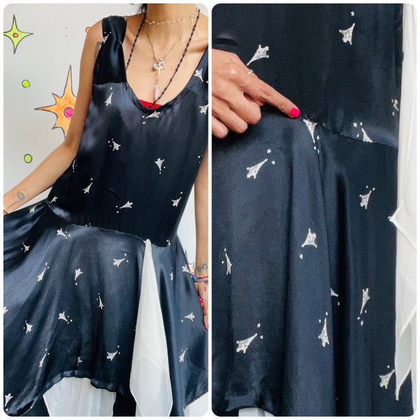 1920s 30s | Black and White Silk Eifel Tower Print Handmade Slip Dress | S M