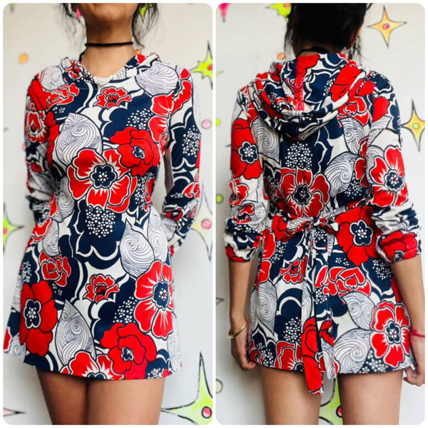 Vintage 60s Navy Red White Psychedelic Print Micro Mini Dress Mod Space Age - XS