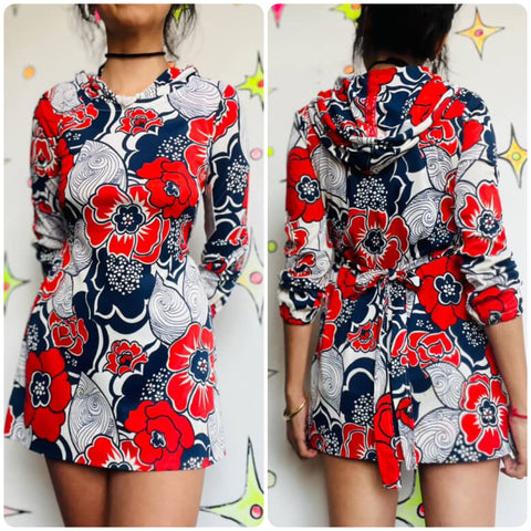 Vintage 60s Navy Red White Psychedelic Print Micro Mini Dress Mod Space Age - XS