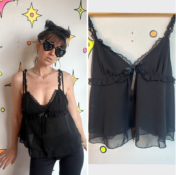 Black Ruffle Babydoll Cami Whimsy Goth Fairycore Romantic Lounge Top L