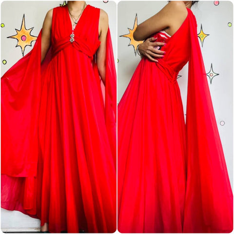 Vintage 60s | Red Chiffon Party Evening Dress Formal Gown with Train | Size M L