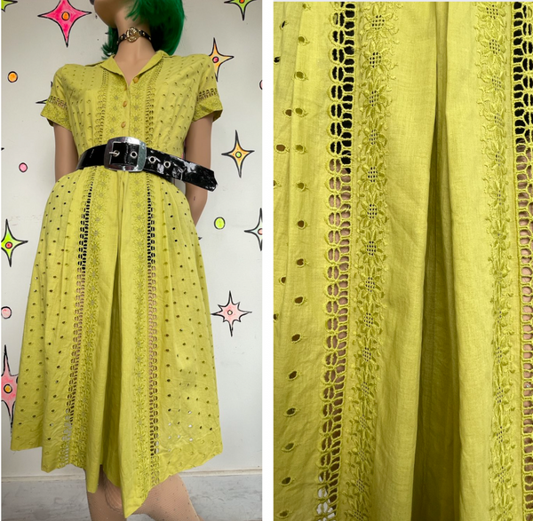 Vintage 50s Chartreuse Fit and Flare Dress | Pin Up Twirl Dress with Full Skirt M