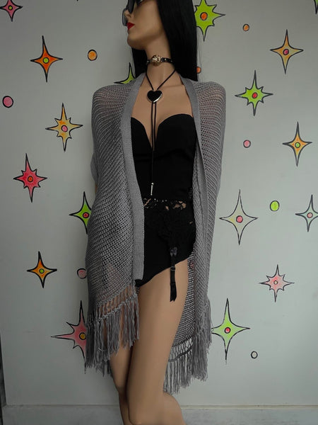 Y2K Gray Crochet Duster Vest | Boho Western Fairy Grunge Long Layering Robe