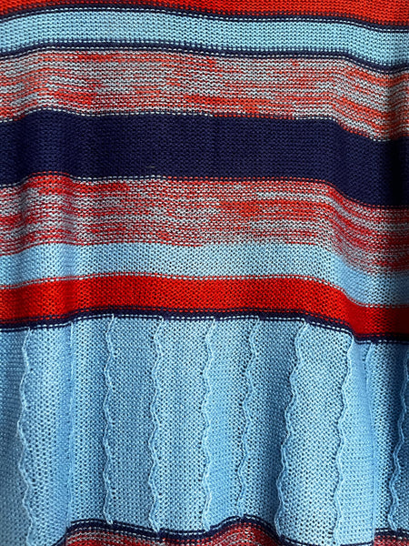 Vintage 70s Blue Turtleneck Striped Pullover Sweater Chunky Grunge Boho Retro S