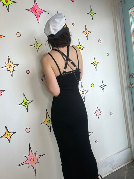 Y2K Black Bodycon Ribbed Lace Cat Woman Maxi Moto Biker Cyber Fairy Club Dress