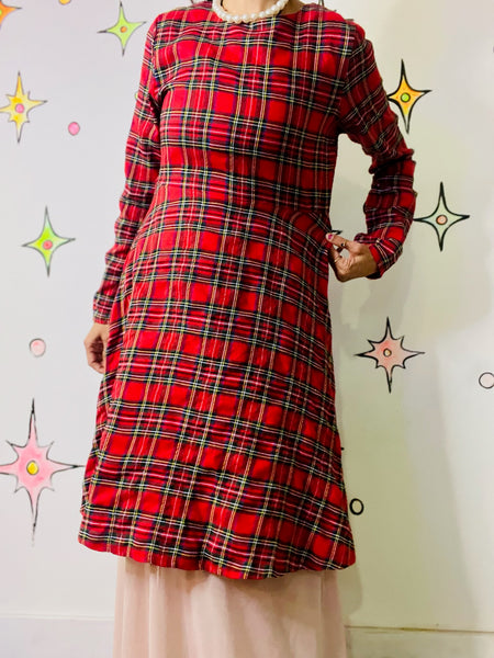 Vintage 90s Red Plaid Tartan Fit & Flare Mini Dress Holiday Party Punk Grunge XL