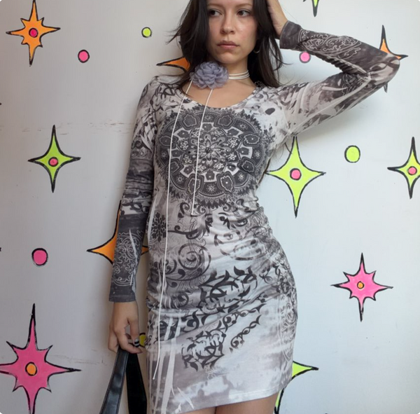 Y2K Crochet Back Tattoo Mini Dress - Indie Sleaze McBling Party Goth Bodycon S