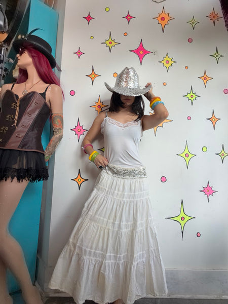 Y2K White Beaded Boho Midi Skirt Fairy Grunge Western Cowgirl Tiered L