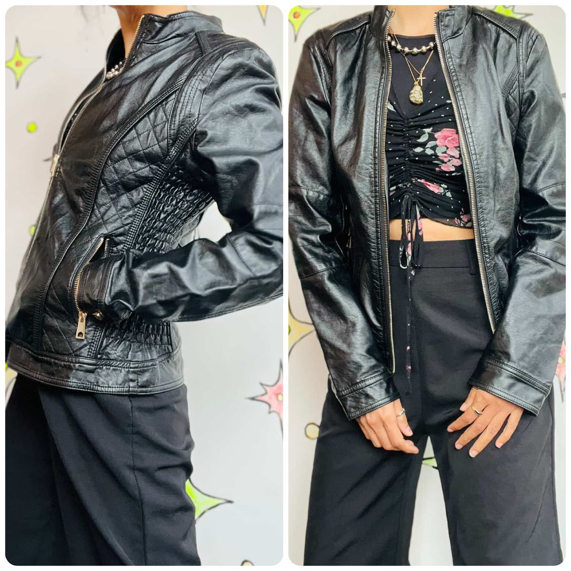 Y2K Black Vegan Leather Moto Jacket Quilted Details – Boho Grunge Indie Sleaze M