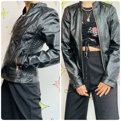 Y2K Black Vegan Leather Moto Jacket Quilted Details – Boho Grunge Indie Sleaze M