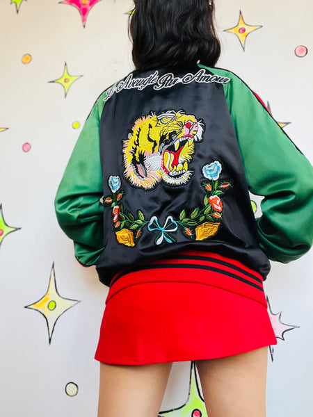 Vintage Y2K Satin Souvenir Bomber Jacket Embroidered Street Style Tokyo Style XL