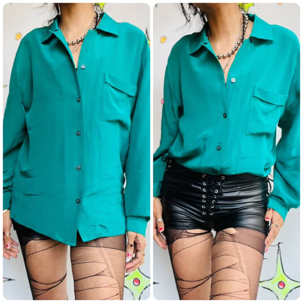 Vintage 80s 90s Emerald Green 100% Silk Blouse | Classic Luxe Shirt | M (8)