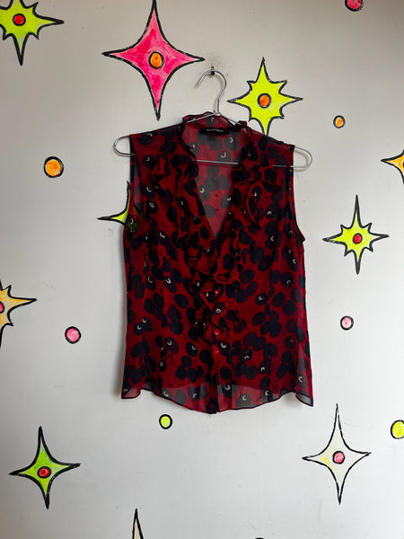 Vintage Y2K Nanette Lepore French Designer Cherry Red Ruffle Sheer Silk Blouse 6