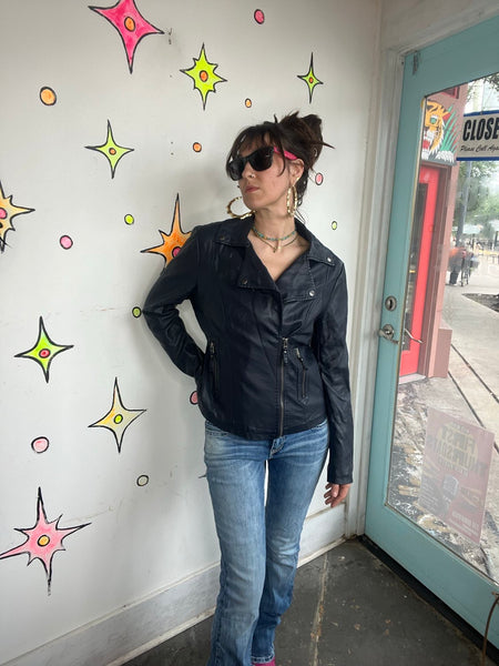 Vintage Y2K Navy Vegan Leather Moto Jacket Glam Grunge Rocker - M