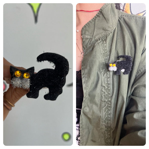 Vintage | Halloween Fuzzy Little Witchy Black Kitty Cat Teeny Tiny Pet Brooch