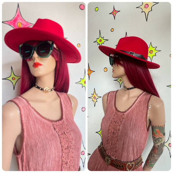 Cherry Red Felt Western Boho Hat Wide Brim Grunge Festival Fedora
