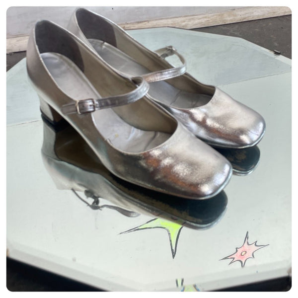 Vintage Silver Mary Jane Heels 20s Revival Flapper Shoes Art Deco Party Pumps 7