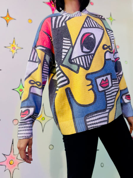 Wearable Art Picasso Cubist Abstract Art Avant-Garde Pullover Sweater - Large