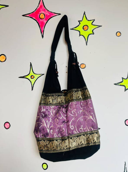 Vintage Beaded Black Gold & Purple Boho Fairy Grunge Tote Bag - Elephant Print