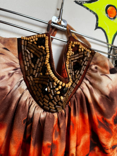 Y2K Orange Fairy Grunge Beaded Tie-Dye Halter Top – Vintage Boho Tee – XS/S