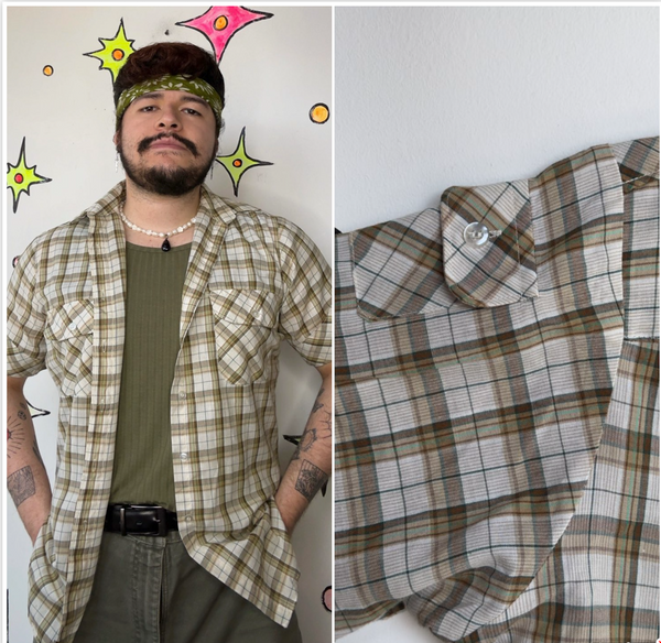 70s 80s Plaid Men's Button-Up Shirt | Vintage Western Grunge – Medium