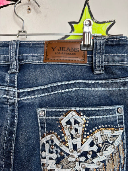 Y2K Low Rise McBling Rhinestone Embellished 2000s Glam Baddie Denim Flares S