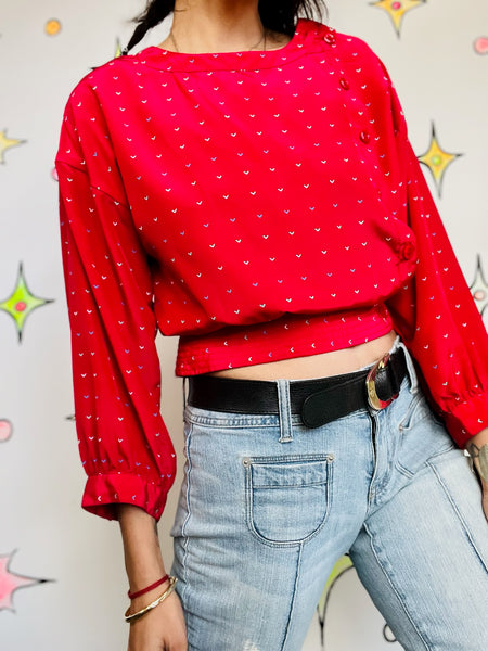 Vintage 80s Pink Rainbow Polka Dot Hearts Blouse | Academia Office Charm Top | S