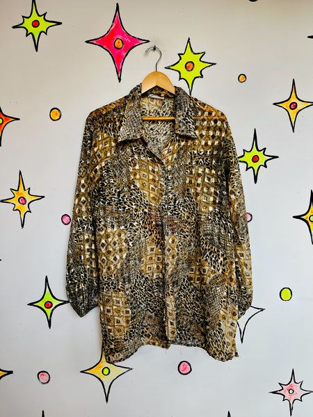 Vintage 90s Y2K Leopard Patchwork Sheer Blouse – Boho Grunge Glam Button-Up - XL