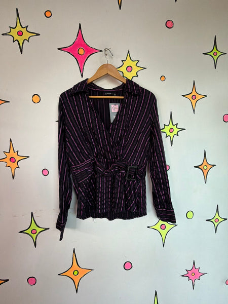 90s Black Purple Pinstripe Mock Wrap Top Y2K Fairy Grunge Mall Goth - Large