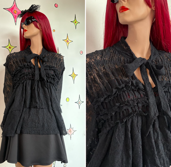 Romantic Y2K Dark Gothic Tiered Lace Blouse Bow Neck Vampire Siren Top XL