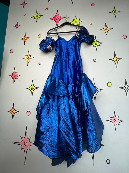 Vintage 80s Blue Metallic Party Dress Glam Poofy Prom New Wave Gown M