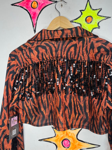NWT Tiger Print Cowgirl Jacket Sequin Fringe Western Statement Piece Glam XL+