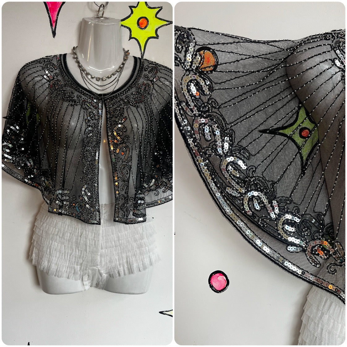 Vintage | Black Silver Sequin Beaded Embellished Costume Party Cape Shrug Bolero