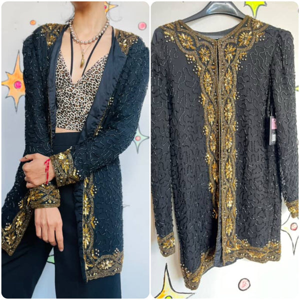 Vintage 80s Black & Gold Sequin Beaded Jacket - Pirate Glam Rock - AS IS - S/M