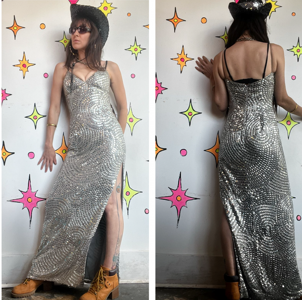 Vintage Silver Beaded Silk Gown Movie Star Glam Evening Dress Formal 90s S
