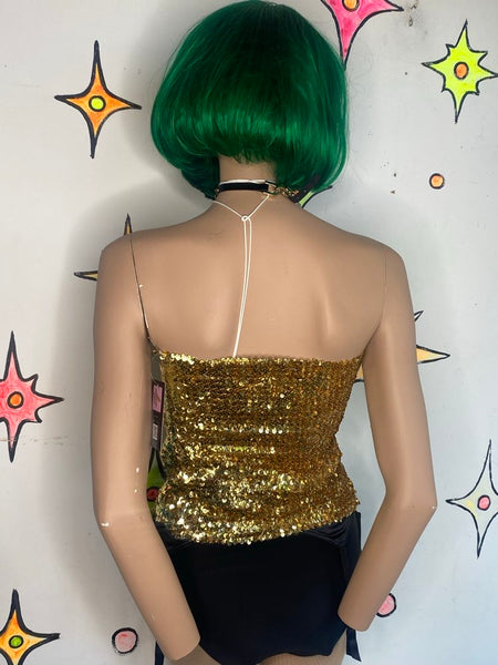 Vintage 70s 80s Y2K Metallic Gold Sequin Stretch Tube Top Disco Glam - One Size