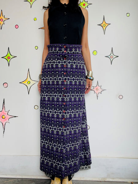 70s Purple & Silver Geometric Print Maxi Skirt Groovy Polyester Retro Boho M